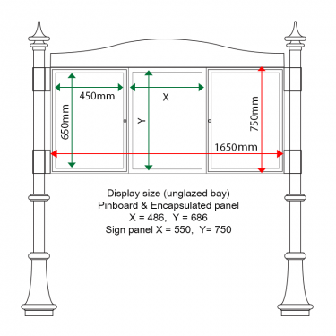 External & internal dimensions of AF30MD-TA22G Aluminium Noticeboard, (centre bay unglazed)
