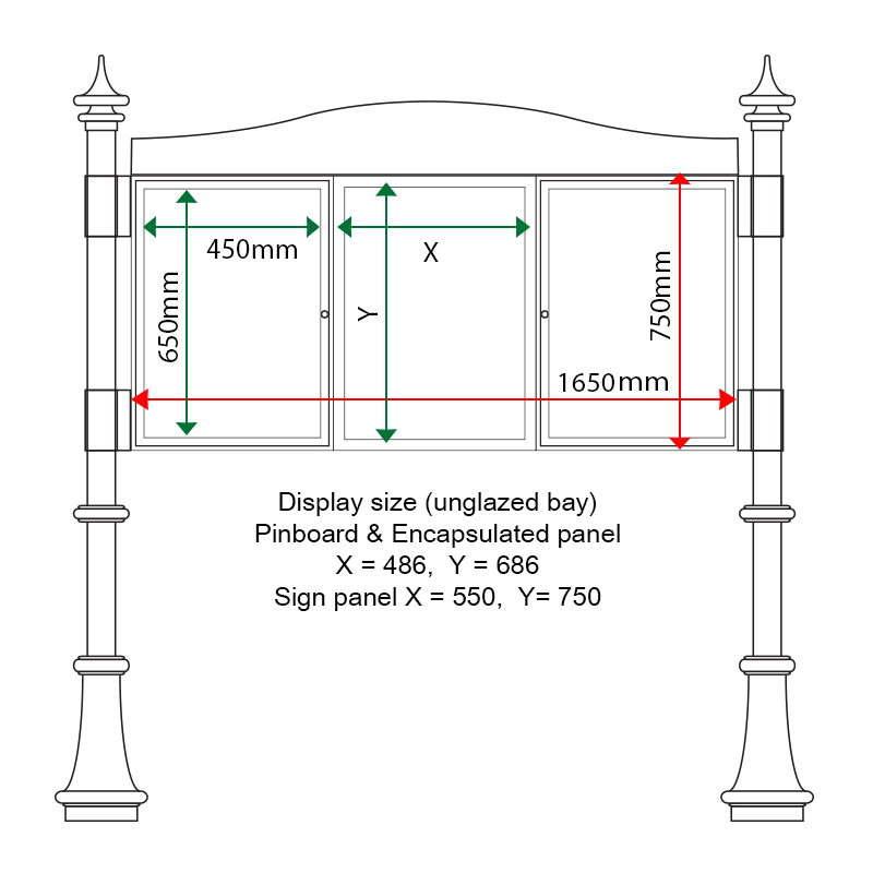 External & internal dimensions of AF30MD-TA22G Aluminium Noticeboard, (centre bay unglazed)