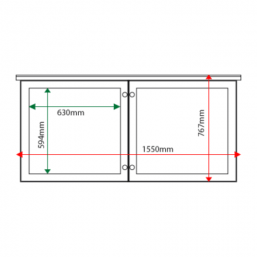 External & internal dimensions of 2-bay, 6 x A4 oak noticeboard