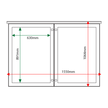 External & internal dimensions of 2-bay, 9 x A4 oak noticeboard