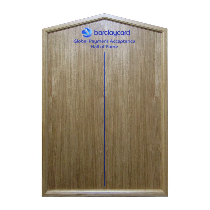 600mm x 900 mm portrait format, HOM/2framed honours board with gable top, Barclaycard