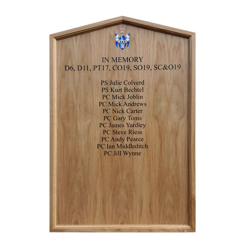 600mm x 900 mm portrait format, HOM/2framed honours board with gable top, memorial board