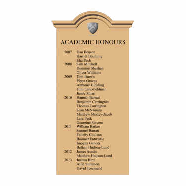 600mm x 1200 mm portrait format, HOMC/69 framed honours board, with radiused top and moulded cornice