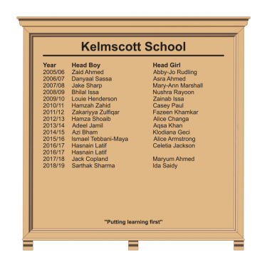 HOMCC/1212 honours board, with solid timber frame, cornice and corbels