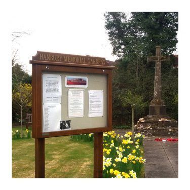 8 x A4 oak noticeboard, post-mounted for Hanbury Memorial Garden, Worcestershire