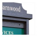 Detail of unglazed Man-made Timber, recycled plastic noticeboard showing optional header and sign panel