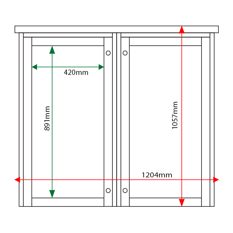 External & internal dimensions of 2-bay, 6 x A4 Man-made Timber noticeboard, portrait format
