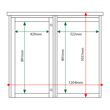 External & internal dimensions of 2-bay, 6 x A4 Man-made Timber noticeboard, 1 bay glazed, portrait format