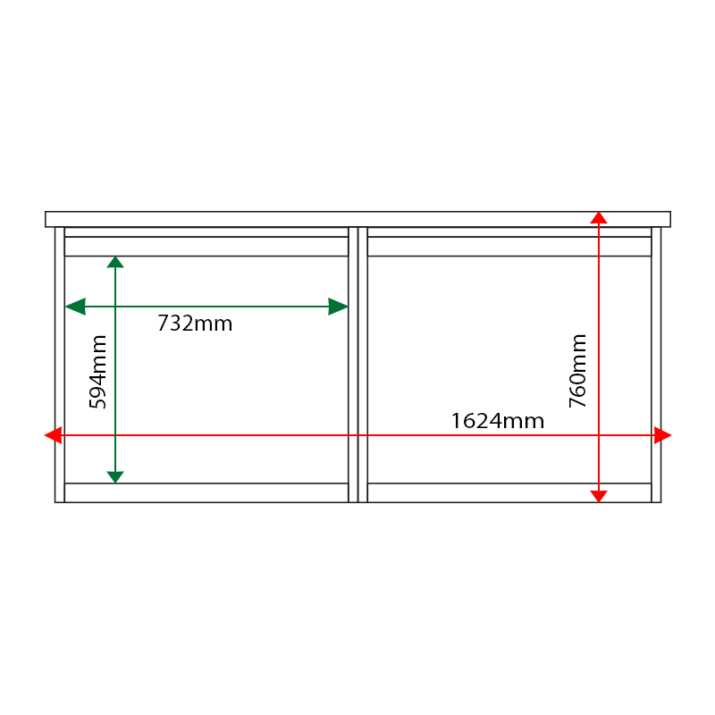 External & internal dimensions of 2-bay, 6 x A4 Man-made Timber noticeboard, unglazed
