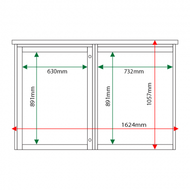 External & internal dimensions of 2-bay, 9 x A4 Man-made Timber noticeboard, 1 bay glazed