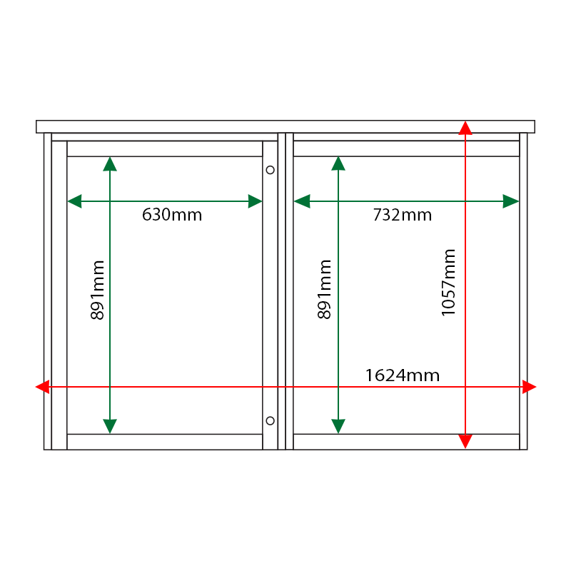External & internal dimensions of 2-bay, 9 x A4 Man-made Timber noticeboard, 1 bay glazed