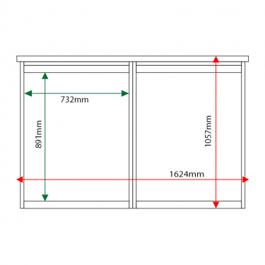 External & internal dimensions of 2-bay, 9 x A4 Man-made Timber noticeboard, unglazed