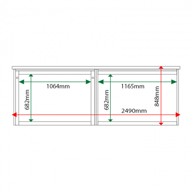 External & internal dimensions of 2-bay, 10 x A4 Man-made Timber noticeboard, 1 bay glazed