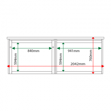 External & internal dimensions of 2-bay, 8 x A4 Man-made Timber noticeboard, 1 bay glazed