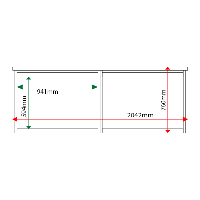 External & internal dimensions of 2-bay, 8 x A4 Man-made Timber noticeboard, unglazed