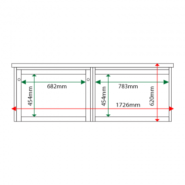 External & internal dimensions of 2-bay, 3 x A4 Man-made Timber noticeboard, 1 bay glazed