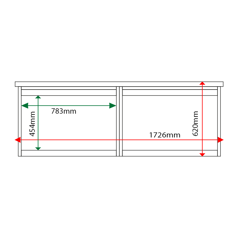 External & internal dimensions of 2-bay, 3 x A4 Man-made Timber noticeboard, unglazed