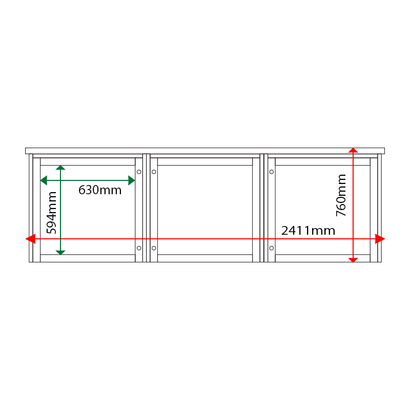 External & internal dimensions of 3-bay, 6 x A4 Man-made Timber noticeboard