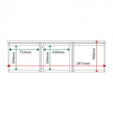 External & internal dimensions of 3-bay, 6 x A4 Man-made Timber noticeboard, 1-bay glazed