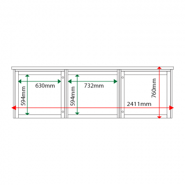 External & internal dimensions of 3-bay, 6 x A4 Man-made Timber noticeboard, 2-bays glazed