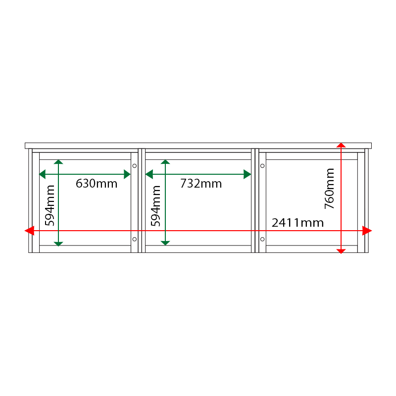 External & internal dimensions of 3-bay, 6 x A4 Man-made Timber noticeboard, 2-bays glazed