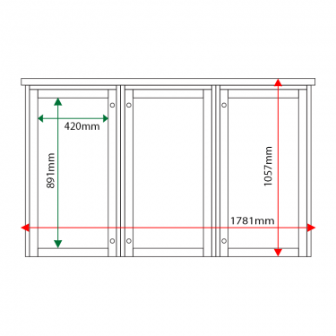 External & internal dimensions of 3-bay, 6 x A4 Man-made Timber noticeboard, portrait format