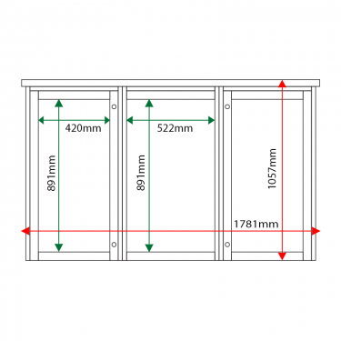 External & internal dimensions of 3-bay, 6 x A4 Man-made Timber noticeboard, 2-bays glazed