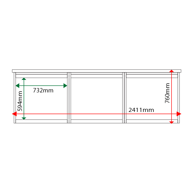 External & internal dimensions of 3-bay, 6 x A4 Man-made Timber noticeboard, unglazed