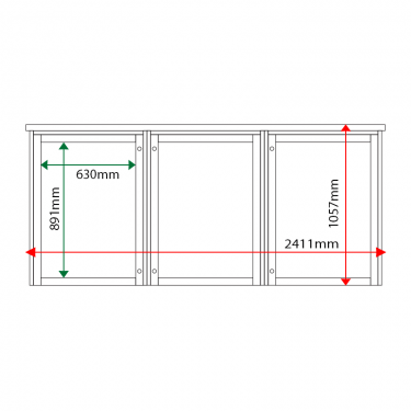 External & internal dimensions of 3-bay, 9 x A4 Man-made Timber noticeboard