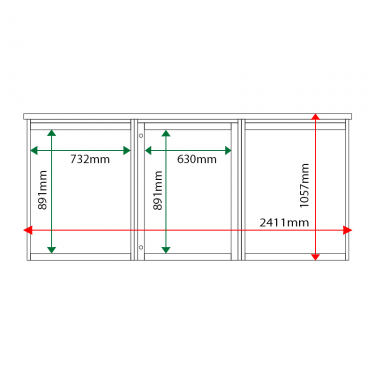 External & internal dimensions of 3-bay, 9 x A4 Man-made Timber noticeboard, 1-bay glazed