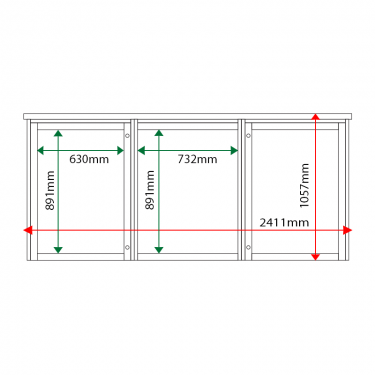 External & internal dimensions of 3-bay, 9 x A4 Man-made Timber noticeboard, 2-bays glazed