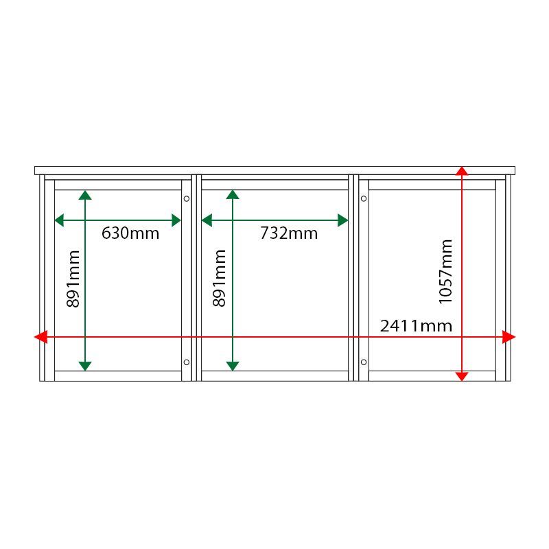 External & internal dimensions of 3-bay, 9 x A4 Man-made Timber noticeboard, 2-bays glazed