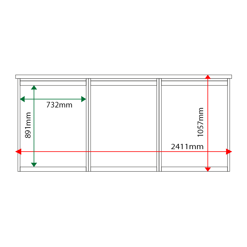 External & internal dimensions of 3-bay, 9 x A4 Man-made Timber noticeboard, unglazed