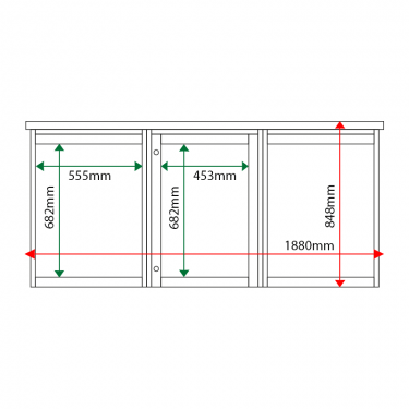 External & internal dimensions of 3-bay, 4 x A4 Man-made Timber noticeboard, 1-bay glazed