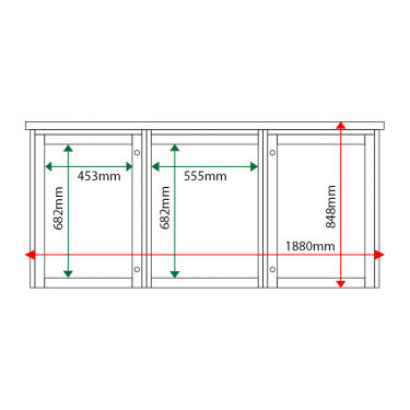 External & internal dimensions of 3-bay, 4 x A4 Man-made Timber noticeboard, 2-bays glazed