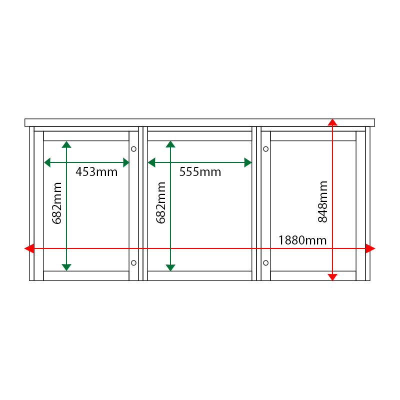 External & internal dimensions of 3-bay, 4 x A4 Man-made Timber noticeboard, 2-bays glazed