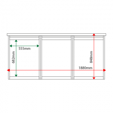 External & internal dimensions of 3-bay, 4 x A4 Man-made Timber noticeboard, unglazed