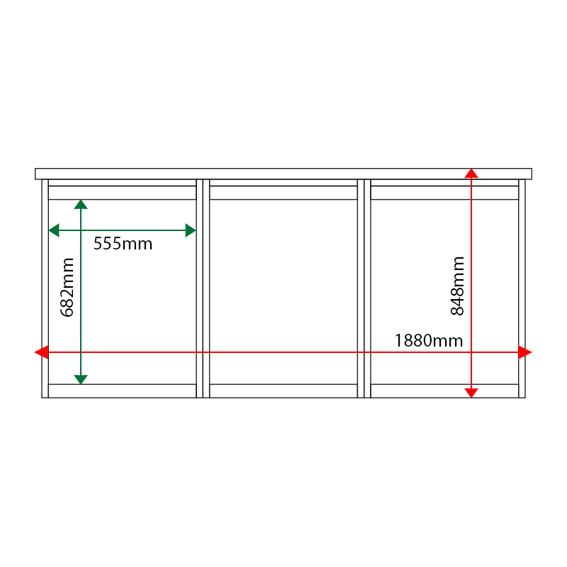 External & internal dimensions of 3-bay, 4 x A4 Man-made Timber noticeboard, unglazed