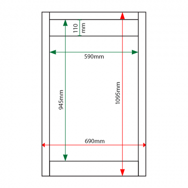 External & internal dimensions of 6 x A4 Apogee, heavy-duty, unglazed, recycled plastic noticeboard