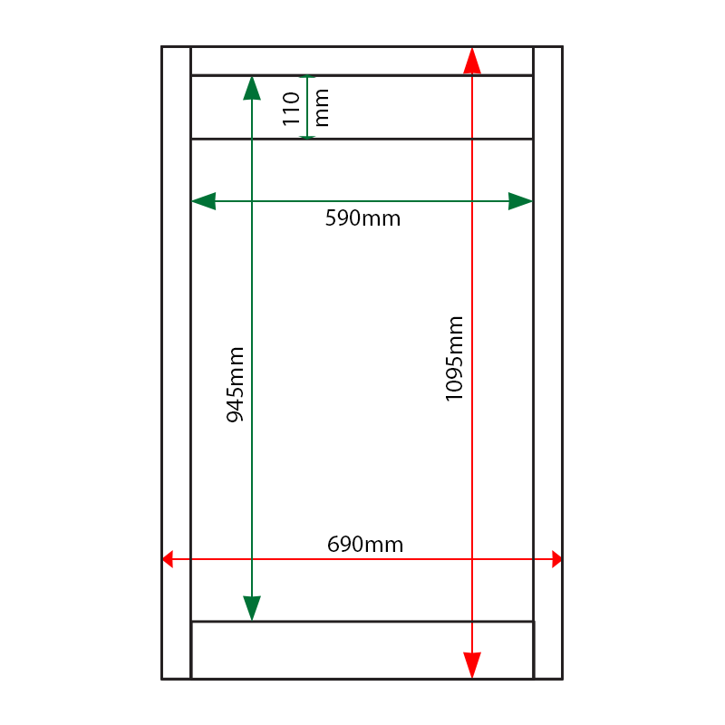External & internal dimensions of 6 x A4 Apogee, heavy-duty, unglazed, recycled plastic noticeboard