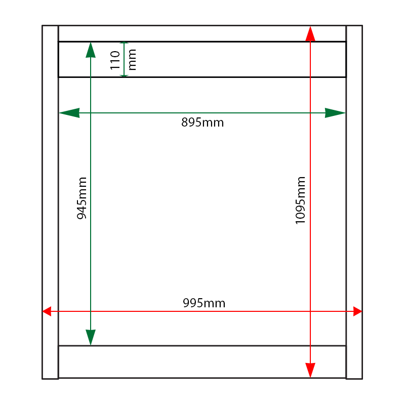 External & internal dimensions of 12 x A4 Apogee, heavy-duty, unglazed, recycled plastic noticeboard