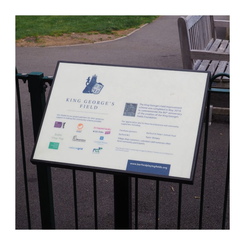 A2 interpretation panel in stainless steel and g.r.p. with single leg, St George's Field, Barford
