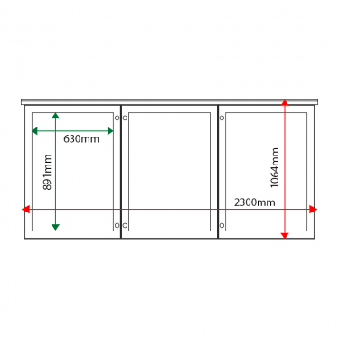 External & internal dimensions of 3-bay, 9 x A4 oak noticeboard