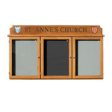 3-bay, 4 x A4 oak noticeboard with double-height header, St Anne's Church, Moseley
