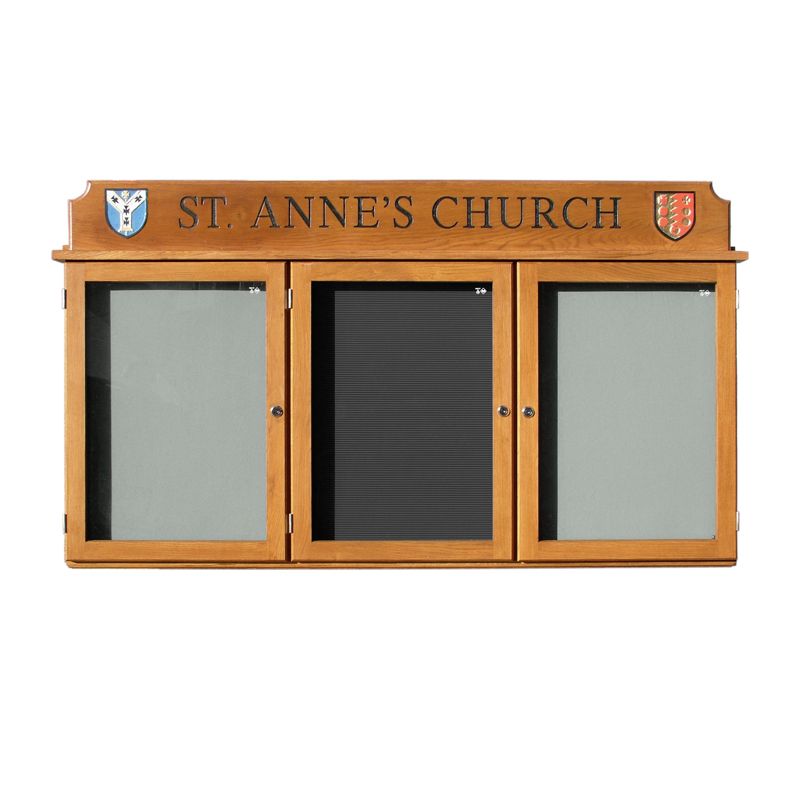 3-bay, 4 x A4 oak noticeboard with double-height header, St Anne's Church, Moseley