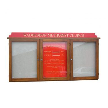 3-bay, 4 x A4 oak noticeboard with coloured header & sign panel, Waddesdon Methodist Church