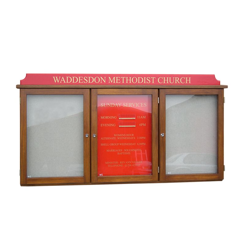 3-bay, 4 x A4 oak noticeboard with coloured header & sign panel, Waddesdon Methodist Church