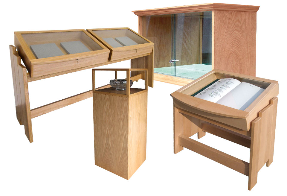 Montage of bespoke cabinet-making projects including document display case, Book of Remembrance display case and trophy cabinet